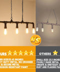 Comparison of rustic industrial tube pipe chandelier with five light Edison style pendant, showing features and ratings.