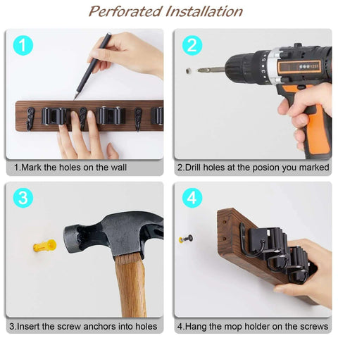 Installation process for Rustic Wood Wall Mount Mop And Broom Organizer With 4 Slots And 4 Hooks For Closet Garage Laundry Kitchen Decor.