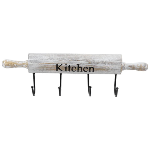 Wall Mounted Kitchen Utensil Rack, Rustic White Washed Wood Rolling Pin Cooking Tool Hanger with 4 Hooks