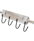 Wall Mounted Kitchen Utensil Rack, Rustic White Washed Wood Rolling Pin Cooking Tool Hanger with 4 Hooks for Aprons, Dish Towel, Mugs, Spoons