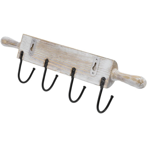 Wall Mounted Kitchen Utensil Rack, Rustic White Washed Wood Rolling Pin Cooking Tool Hanger with 4 Hooks for Aprons, Dish Towel, Mugs, Spoons