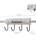 Wall Mounted Kitchen Utensil Rack, Rustic White Washed Wood Rolling Pin Cooking Tool Hanger with 4 Hooks for aprons, towels, mugs, spoons