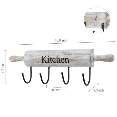 Wall Mounted Kitchen Utensil Rack, Rustic White Washed Wood Rolling Pin Cooking Tool Hanger with 4 Hooks for aprons, towels, mugs, spoons