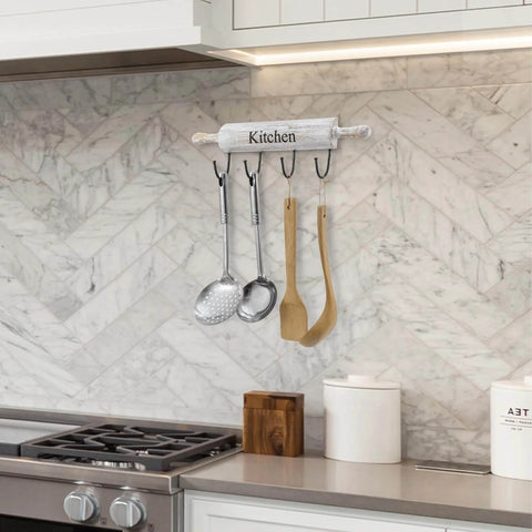 Wall Mounted Kitchen Utensil Rack, Rustic White Washed Wood Rolling Pin Cooking Tool Hanger with 4 Hooks on kitchen wall