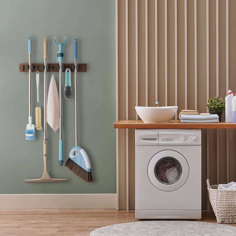 Rustic Wood Wall Mount Mop And Broom Organizer With 4 Slots And 4 Hooks in laundry room holding cleaning tools