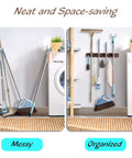Comparison of a messy to an organized space using Rustic Wood Wall Mount Mop And Broom Organizer With 4 Slots And 4 Hooks.