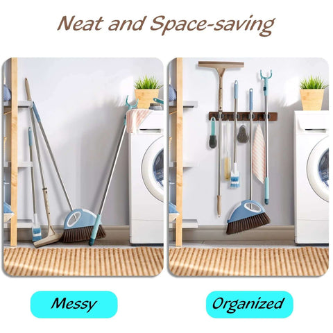 Comparison of a messy to an organized space using Rustic Wood Wall Mount Mop And Broom Organizer With 4 Slots And 4 Hooks.