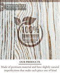 Close-up of wood texture with protective varnish finish, featuring a 100% solid wood emblem, part of a rustic wall mounted kitchen utensil rack.