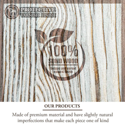 Close-up of wood texture with protective varnish finish, featuring a 100% solid wood emblem, part of a rustic wall mounted kitchen utensil rack.