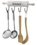 Wall Mounted Kitchen Utensil Rack, Rustic White Washed Wood Rolling Pin Cooking Tool Hanger with 4 Hooks for Spoons and Utensils