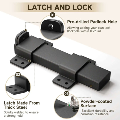 Built Tough Gate Latch With Padlock Hole, Adjustable Barn Door Lock, Rustproof steel, pre-drilled holes, farmhouse style