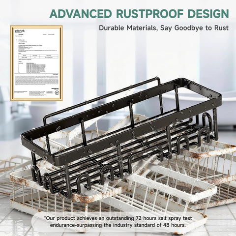 Rustproof shower caddy set with no-drill adhesive mounts delivers easy wall storage for bath essentials on display.