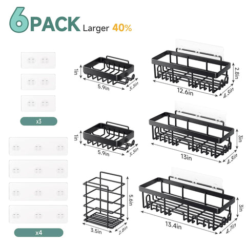 Rustproof shower caddy set with no-drill adhesive mounts, 6-pack includes small to large caddies and holders for bath essentials.