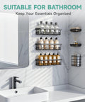 Rustproof shower caddy set with no-drill adhesive mounts displays bath essentials on a tiled wall in a bathroom setting.