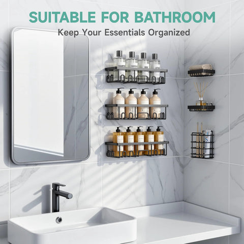 Rustproof shower caddy set with no-drill adhesive mounts displays bath essentials on a tiled wall in a bathroom setting.