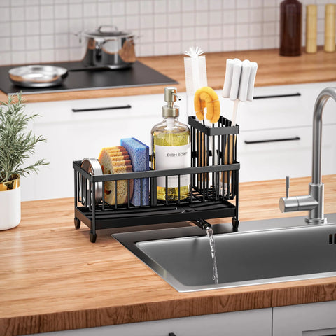 Compact rustproof 304 stainless steel sink caddy with a rotatable spout and tall brush holder on a kitchen counter.