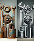 Comparison of rusted and polished industrial tools including wrenches, gears, and bolts, emphasizing before and after effects.