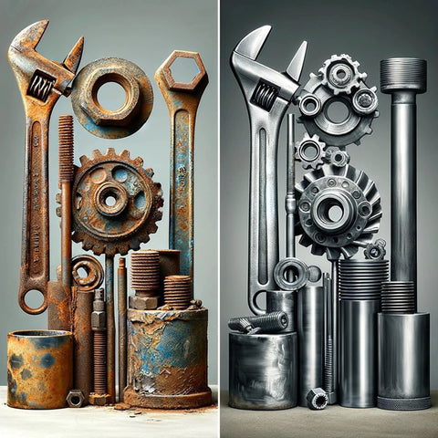 Comparison of rusted and polished industrial tools including wrenches, gears, and bolts, emphasizing before and after effects.