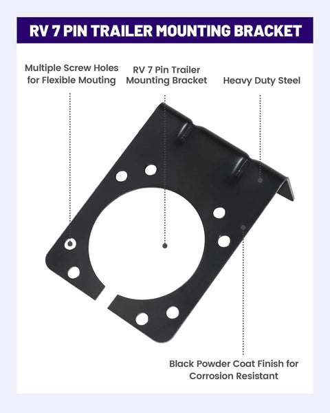 7 Way RV Blade Trailer Socket Mounting Bracket For American Style 7 Pin Connectors, heavy-duty metal, with multiple screw holes.