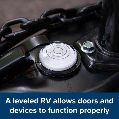 Bullseye 360 Degree RV Level for Campers and Trailers Reads 360 Degrees at Once Bubble Level Dome installed on RV hitch.