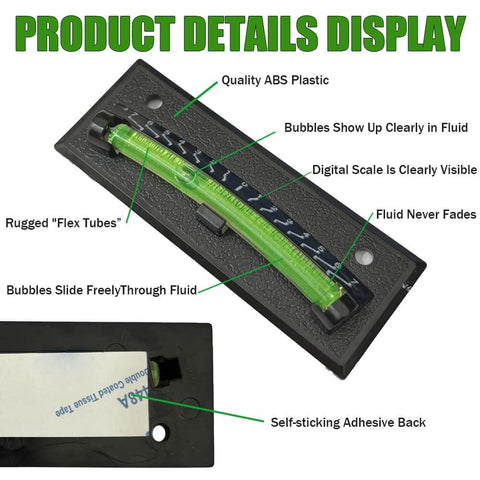 2 Pack RV Leveler Bubble Leveling System For Trailers And Campers With ABS Plastic Durable Build Tilt Gauge From Minus 7 To Plus 7 Degrees Graduated Markings For Quick Easy Leveling On Any Site showing details like quality ABS plastic, visible digital scale, and self-sticking adhesive back