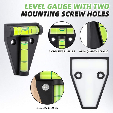 Six Pack T Type RV Levelers With Bubble Levels For RVs Campers Trailers And More Portable Acrylic Cross Check Levelers Durable And Easy To Read For Furniture Tripods And Camera Equipment shown with mounting holes and dual bubbles