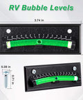 4 Pack RV Level Bubble With Graduated Scale For Precision Leveling, Easy Stick On Leveling System For RV, Camper, Trailer And Caravan, High Visibility Black Bubble Levels For Accurate Readings showing dimensions and mounting screw.