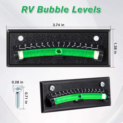 4 Pack RV Level Bubble With Graduated Scale For Precision Leveling, Easy Stick On Leveling System For RV, Camper, Trailer And Caravan, High Visibility Black Bubble Levels For Accurate Readings showing dimensions and mounting screw.