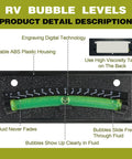 RV Level Bubble Four Piece Set With High Visibility Green Liquid And Minus Seven To Plus Seven Degree Graduated Scale Never Fades Under Sun For Day And Night RV Camper Trailer Use Quick Stick On And Screw Mount Precision Leveling System shown in durable ABS plastic housing.