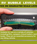 RV Level Bubble Four Piece Set With High Visibility Green Liquid And Minus Seven To Plus Seven Degree Graduated Scale Never Fades Under Sun featured in hand, showing detailed scale.