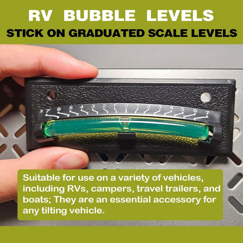 RV Level Bubble Four Piece Set With High Visibility Green Liquid And Minus Seven To Plus Seven Degree Graduated Scale Never Fades Under Sun featured in hand, showing detailed scale.