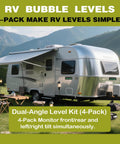 RV camper trailer equipped with RV Level Bubble Four Piece Set With High Visibility Green Liquid And Minus Seven To Plus Seven Degree Graduated Scale Never Fades Under Sun For Day And Night RV Camper Trailer Use Quick Stick On And Screw Mount Precision Leveling System in a scenic outdoor setting
