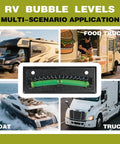 RV Level Bubble Four Piece Set with High Visibility Green Liquid and Minus Seven to Plus Seven Degree Graduated Scale. Images of RV, boat, food truck, and truck.