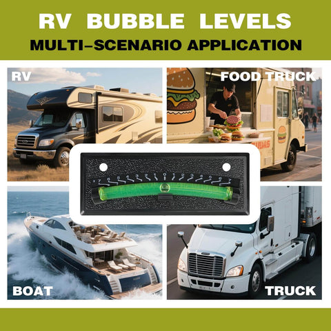 RV Level Bubble Four Piece Set with High Visibility Green Liquid and Minus Seven to Plus Seven Degree Graduated Scale. Images of RV, boat, food truck, and truck.