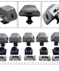 Push-button RV cabinet latch kit with gray plastic housings, mounting brackets and screws (5-pack).