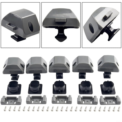 Push-button RV cabinet latch kit with gray plastic housings, mounting brackets and screws (5-pack).