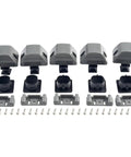 Push-button RV cabinet lock set; five gray housings with mounting plates and screws