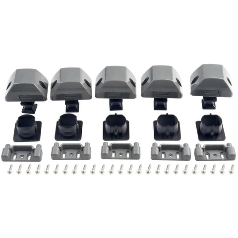 Push-button RV cabinet lock set; five gray housings with mounting plates and screws