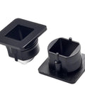 Push Button Catch Lock for RV Cabinet, black plastic, square front opening, two-piece set.
