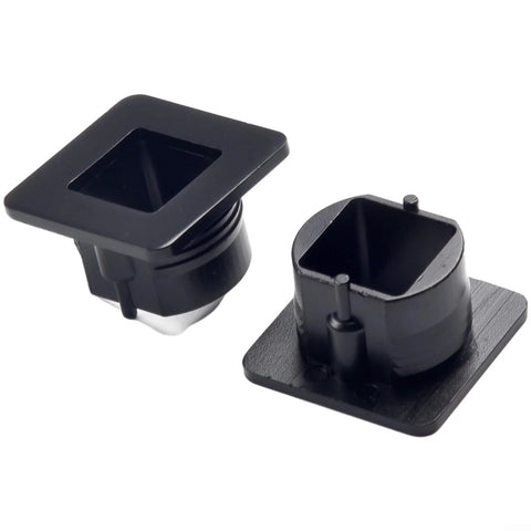Push Button Catch Lock for RV Cabinet, black plastic, square front opening, two-piece set.