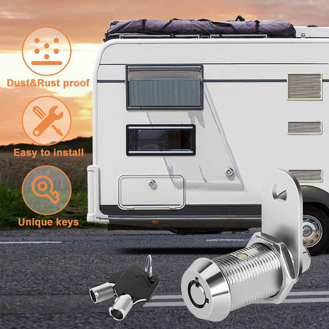 Secure your RV compartments with keyed-alike cam locks, a set of four 1 1/8 Inch cam locks with chrome finish shown next to RV.