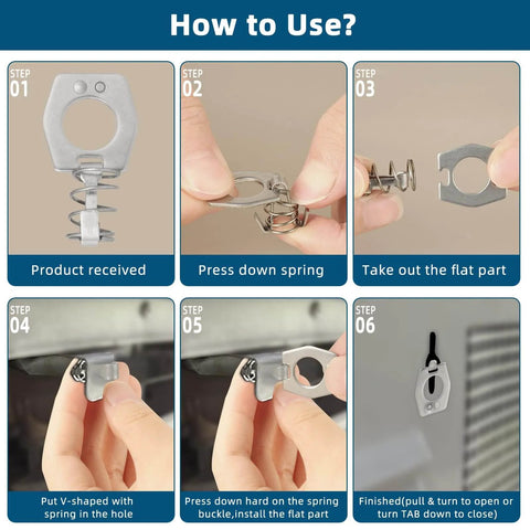 Step-by-step guide on installing durable stainless steel RV water heater cam locks, showing hand placement and lock parts.