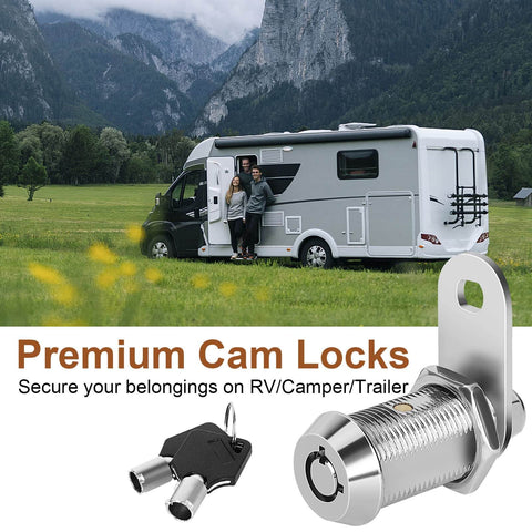 Secure your RV compartments with keyed-alike cam locks, a set of four 1 1/8 Inch cam locks with eight keys, chrome finish