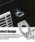 Close-up of RV Water Heater Twist Cam Lock With Hook Fastener Parts installed on black metal surface, silver latch visible