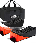 RV Camper Leveler Kit with 2 curved levelers, 2 wheel chocks, anti-slip mats, and carrying bag for trailers and campers up to 35000 lbs