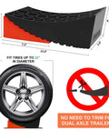 RV Camper Leveler Kit With 2 Curved Levelers 2 Wheel Chocks Anti Slip Mats And Carrying Bag Heavy Duty Leveling Blocks Up To 35000 Lbs For Travel Trailers And Campers Simple Quick Leveling You Can Trust, showing dimensions and fitting tire size up to 32 inches, no trimming needed for dual axle trailers