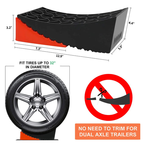 RV Camper Leveler Kit With 2 Curved Levelers 2 Wheel Chocks Anti Slip Mats And Carrying Bag Heavy Duty Leveling Blocks Up To 35000 Lbs For Travel Trailers And Campers Simple Quick Leveling You Can Trust, showing dimensions and fitting tire size up to 32 inches, no trimming needed for dual axle trailers