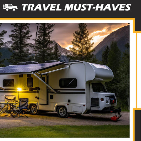 RV parked at campsite with awning extended, surrounded by mountains and trees at sunset, featuring outdoor chairs and lighting.