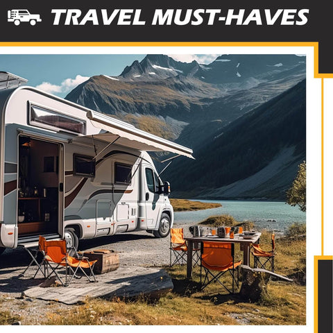 RV parked next to a scenic lake with mountains and camping chairs, showcasing travel essentials setup.
