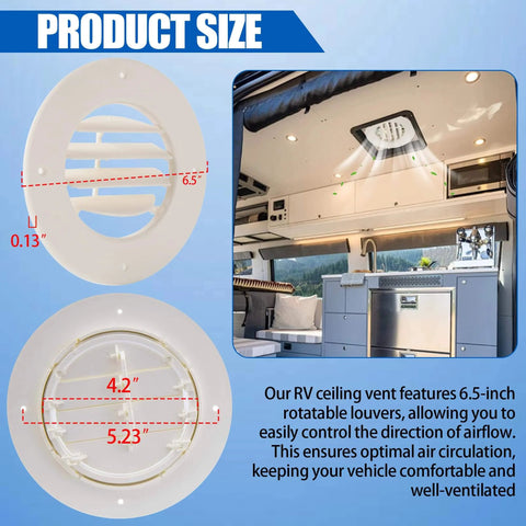 5-Pack 6.5 Inch RV Ceiling Vent Covers For Inside Camper With Rotatable Slats And Directional Airflow Replacement For RV AC Vents Fits 4 5 8 Inch Ducts Ships White Or Light Beige shown in product specifications and installed in camper interior view
